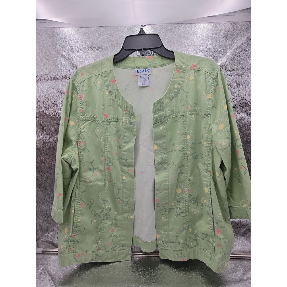 Blair Womens Denim Jacket Size Large L Green Floral Butterfly Open Front 3/4...